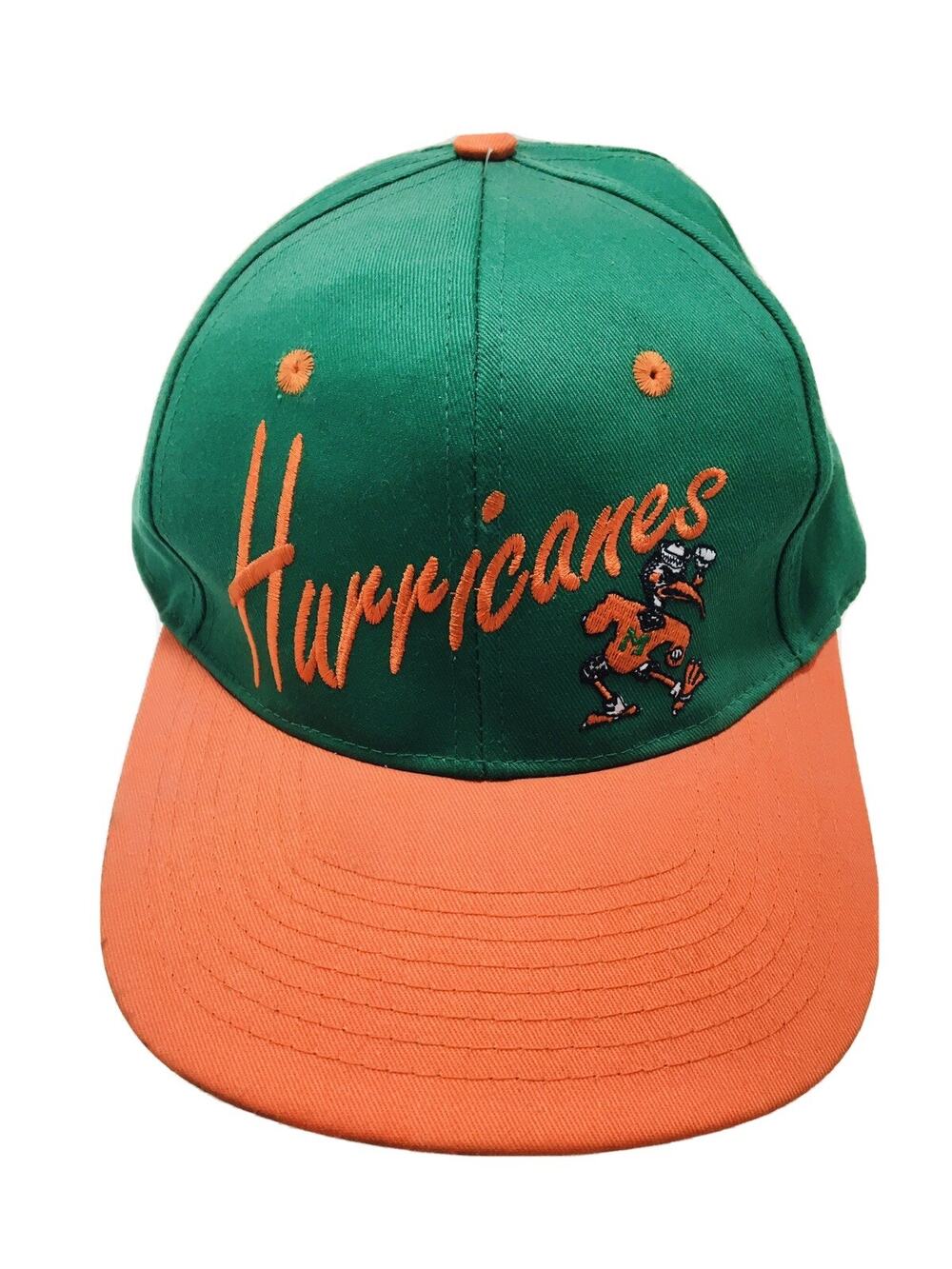 VINTAGE Miami Hurricanes Hat Cap Snap Back Green Orange Collegiate Licensed 90s